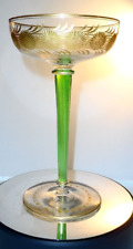 Unique Green Encased Lattice Work Stem & Gold Intaglio MOSER TAZZA - RARE picture