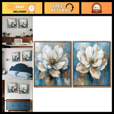 Gardenia Art Framed Floral Canvas Painting Wall Art Teal White Gold Textured Flo picture