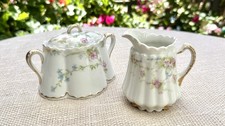 Antique Early 1900s Haviland Limoges Sugar Bowl & Creamer Pink Blue Floral Gold picture
