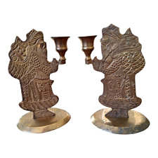 Vintage Pair of Solid Brass Saint Nick Santa Candle Holders with Patina picture