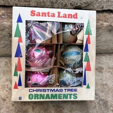6 VTG Christmas Santa Land Blown Glass Painted Ornaments & Box Poland READ AS IS picture