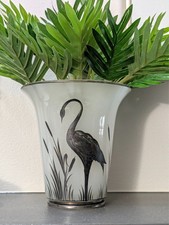 Vintage Beaumont Glass Fer-Lux Clambroth Trumpet Vase Silver Crane Cattails picture