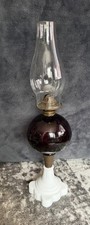Vintage Amethyst Cranberry Milk Glass Oil Lamp Ribbed MCM w/ Hurricane Brass picture