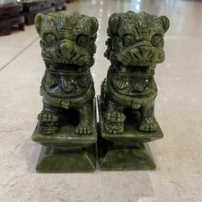1900g  1 pair of green jade carved lion skull quartz crystal healing picture
