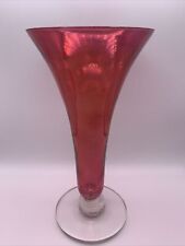 Vtg Iridescent Cranberry Color Flashed Vase Clear Thick Base 9 3/4” Tall Floral picture