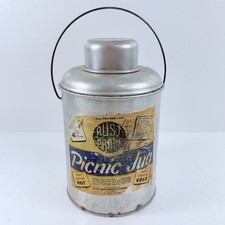 Vintage Faris Rust Proof Metal Picnic Jug Thermos W/ Drinking Cup & Handle 1960s picture