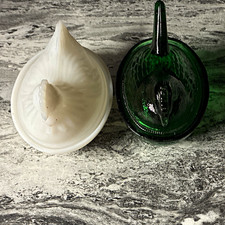 2pc Glass Open Salt Cellars w/ Lids Green & White Diamond Pattern Taiwan picture