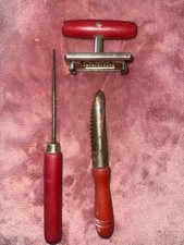 Antique Red Handled Wood Tools Ice Pick Vegetable Peeler Can Opener picture