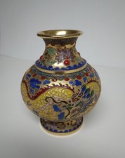 Vintage Chinese Cloisonné Dragon And Clouds Enamel Over Brass Vase picture