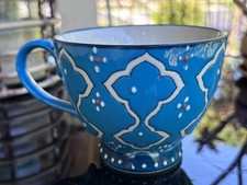 Dutch Wax Coastline Imports Blue White Pedestal Mug Footed Ceramic Boho Cup picture