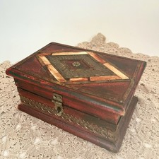 Vintage Style Wooden Box Brass Inlay Strip Red Jewelry Trunk Latch picture