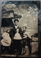 UNUSUAL MAN HOLDING CAKE OUTDOOR FAMILY PARTY TINTYPE PHOTO picture