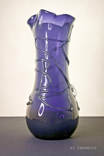 Amethyst Purple Art Glass Vase with Clear Applied Veins – 15” Tall Handblown USA picture