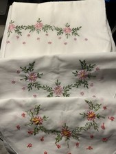 Vintage Hand-Embroidered Linens Set: 2-Dresser Scarves & 2 Matching Pillowcases picture