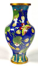 Vintage Chinese Cloisonne Enamel Vase-Cobalt Blue Butterfly Floral-Late 1800's picture