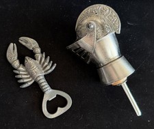Vintage Barware, Lobster Bottle Cap Opener (Italy), & Armored Helmet Pour Spout picture