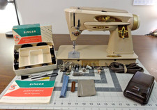 SERVICED - SINGER 503A Gear Drive Sewing Machine w/Extras - Denim Leather Canvas picture