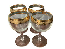 Set Of Four (4) Cellini (?) MCM Crystal Etched Gold Trim Stem Wine Glasses picture