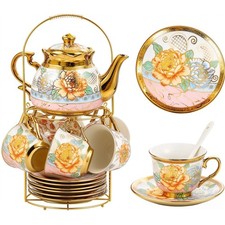 Premium Italian Teapot And Teacup Set, 20pcs Floral Ceramic Tea Set with Saucers picture