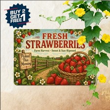 Fresh Summer Strawberries Basket Poster Rustic Fruit Garden Metal Tin Plaque picture