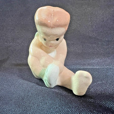 Vintage 1940s Ceramic Figurine Girl Tying Shoe Pastel Green Glaze Nursery Japan picture