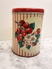 Vintage 1950s Cherry & Stripe Tin Canister Retro Kitchen Kitsch picture