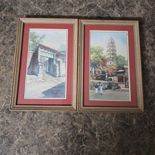 Vintage Chinese China Landmark Prints Pair Tiger Hill Pagoda Yonghe Temple Frame picture