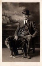 Happy Man w Pet Border Collie Dog Studio 1910s RPPC Photo Postcard COPY picture