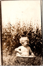 Postcard RPPC Cute Little Laughing Boy Sitting in Small Tub Outside picture