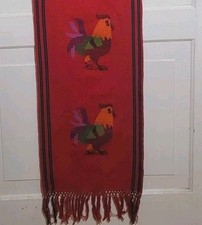 VTG Handwoven Mexican Zapotec Wool Table Runner Rooster Red Fringed 72