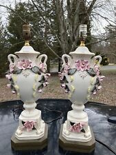 Pair Chantilly signed 22” Table Lamps Hand Figured Roses &  Swan Head Handles picture
