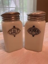  VTG Set Of 2 Hazel Atlas Milk Glass Range Top Deco Salt & Pepper Shaker picture