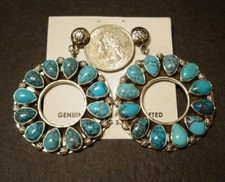 Ella Linkin NAVAJO Sterling Silver BLUE TURQUOISE Round Cluster Dangle EARRINGS picture