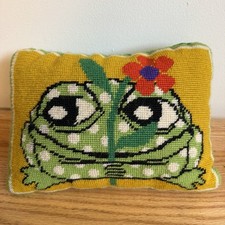 Vintage 70s Frog  Needlepoint Throw Pillow MCM Groovy Retro Boho Hippie Flower picture