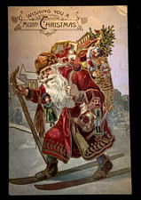 Rare~Santa Claus Delivering Toys on Skiis Skiing Antique Christmas Postcard~s567 picture