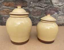 OUTSTANDING Wisconsin Pottery Lidded REDWARE CANISTER SET of 2 EA Stamp Huntley picture