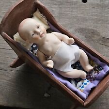 Antique Reproduction All Bisque Doll Wood Baby Rocker Cradle Miniature Quilt Lot picture
