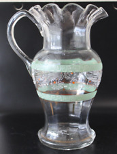 Antique Victorian Blown Glass Hand Painted Enamel Floral  Pitcher Ruffled Edge picture
