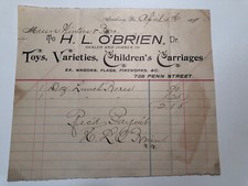 1898 H.L. O'Brien Dealer Toys Children Carriages Reading Pa Invoice Letterhead picture