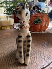 Vintage 1950s-1960s MCM Japan Tall Slender Striped Cat Gold Collar w/Pink Roses picture