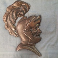 vintage copper metal knight helmet wall plaque picture