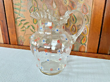 Antique Victorian Art Glass Pitcher Hand Painted Flowers & Ruffle Top picture