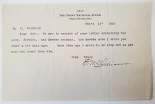 1912 Letter, First National Bank, Ord NE, E.M Williams, M.F Woodbury, Hornell NY picture