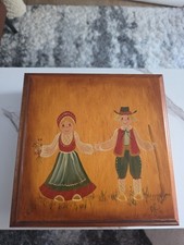 Vintage Hand Painted Wooden Folk Art Box Keepsake Jewelry Valet Boy Girl picture