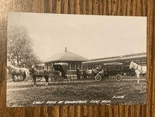 Grindstone City, MI Railroad Train Depot, Horse Carriages, Cars RPPC Postcard picture