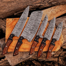 Damascus Steel Knives set 5 pcs Custom Handmade Knives Leather Bag picture