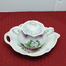 Leuchtenburg Germany Floral Sugar Bowl w/ Lid and Tray White Green and Lavender picture