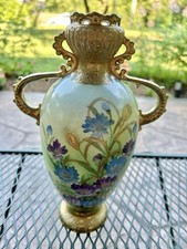 Vintage Hand Painted Japan Porcelain Vase Bronze Tone Double Handles Floral picture