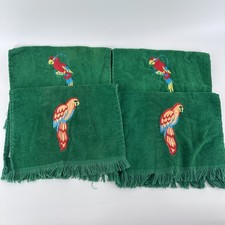 Vintage Ames Green Fringed Towels Set 4 Embroidered Parrot Bird Retro Bath 70’s picture