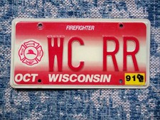 1991 Wisconsin Firefighter License Plate WC RR Vanity ? Excellent Cond Natural picture